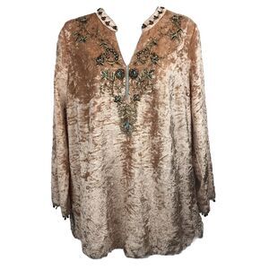 Soft Surroundings Moroccan Beaded Tunic Top Crushed Velvet Blush Pink Petite Med